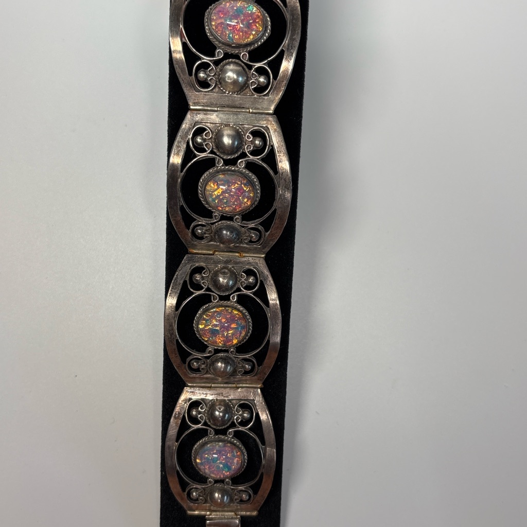 Vintage Mexican Sterling Silver Fire Opal Glass Hinged Bracelet Rjr
